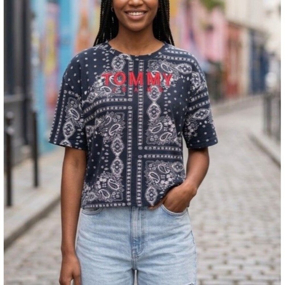 Tommy Jeans Women’s L Blue Bandana Paisley Print Logo Crop Top Loose Shirt Y2K